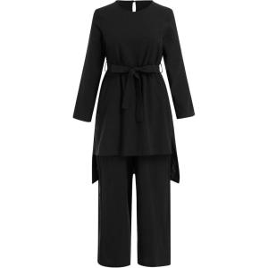 imageIDOPIP Womens Muslim Abaya Dress 2 Pieces Set Long Sleeve Button Down Shirt and Pants Casual Arabic Islamic Dubai OutfitsBlack  Belt