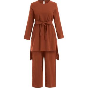 imageIDOPIP Womens Muslim Abaya Dress 2 Pieces Set Long Sleeve Button Down Shirt and Pants Casual Arabic Islamic Dubai OutfitsBrickred  Belt