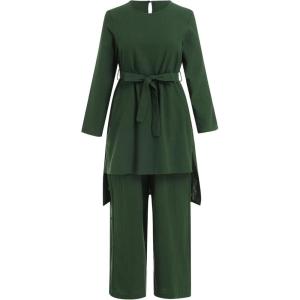 imageIDOPIP Womens Muslim Abaya Dress 2 Pieces Set Long Sleeve Button Down Shirt and Pants Casual Arabic Islamic Dubai OutfitsGreen  Belt