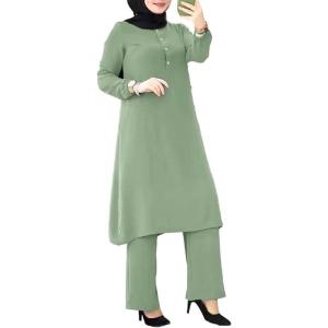 imageIDOPIP Womens Muslim Abaya Dress 2 Pieces Set Long Sleeve Button Down Shirt and Pants Casual Arabic Islamic Dubai OutfitsGreen