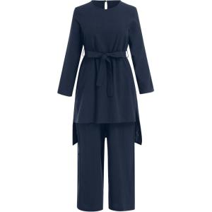 imageIDOPIP Womens Muslim Abaya Dress 2 Pieces Set Long Sleeve Button Down Shirt and Pants Casual Arabic Islamic Dubai OutfitsNavy Blue  Belt