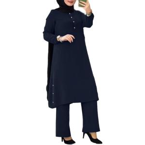 imageIDOPIP Womens Muslim Abaya Dress 2 Pieces Set Long Sleeve Button Down Shirt and Pants Casual Arabic Islamic Dubai OutfitsNavy Blue