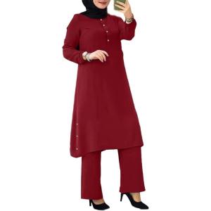 imageIDOPIP Womens Muslim Abaya Dress 2 Pieces Set Long Sleeve Button Down Shirt and Pants Casual Arabic Islamic Dubai OutfitsWine Red