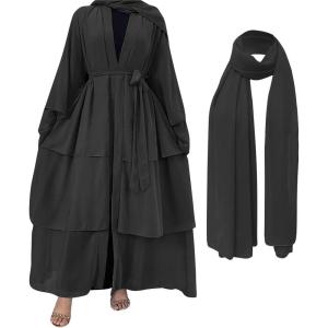 imageMuslim Abaya Dress for Women  Long Sleeve Islamic Dubai Abaya Cardigan Robe  Middle East Prayer Dress with HijabA Black
