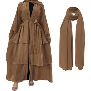 imageMuslim Abaya Dress for Women  Long Sleeve Islamic Dubai Abaya Cardigan Robe  Middle East Prayer Dress with HijabA Brown