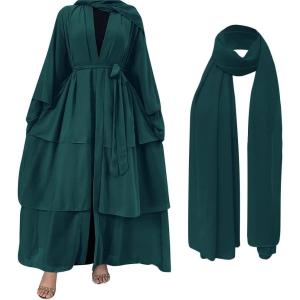 imageMuslim Abaya Dress for Women  Long Sleeve Islamic Dubai Abaya Cardigan Robe  Middle East Prayer Dress with HijabA Dark Green