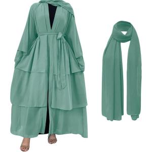 imageMuslim Abaya Dress for Women  Long Sleeve Islamic Dubai Abaya Cardigan Robe  Middle East Prayer Dress with HijabA Green
