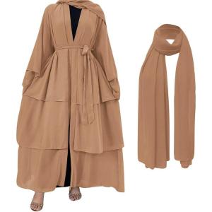imageMuslim Abaya Dress for Women  Long Sleeve Islamic Dubai Abaya Cardigan Robe  Middle East Prayer Dress with HijabA Khaki
