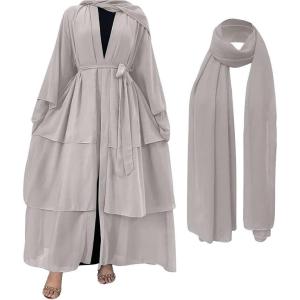 imageMuslim Abaya Dress for Women  Long Sleeve Islamic Dubai Abaya Cardigan Robe  Middle East Prayer Dress with HijabA Light Gray