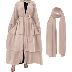 imageMuslim Abaya Dress for Women  Long Sleeve Islamic Dubai Abaya Cardigan Robe  Middle East Prayer Dress with HijabA Light Khaki