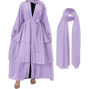 imageMuslim Abaya Dress for Women  Long Sleeve Islamic Dubai Abaya Cardigan Robe  Middle East Prayer Dress with HijabA Light Purple