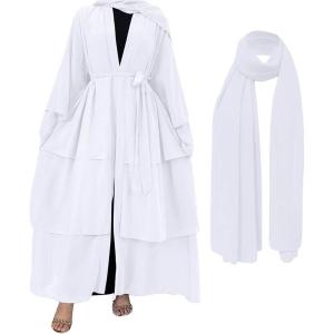 imageMuslim Abaya Dress for Women  Long Sleeve Islamic Dubai Abaya Cardigan Robe  Middle East Prayer Dress with HijabA White
