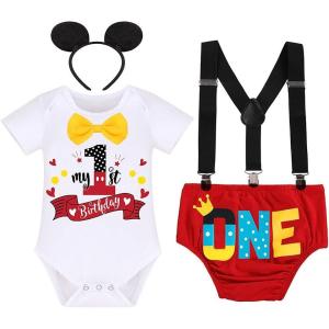 imageMy 1st Birthday Baby Boy Cake Smash Outfit Bowtie Romper Suspenders Shorts Pants Mouse Ear Headband Halloween Christmas Party Dress up Costume Photo Prop 003 White 1st Birthday One 4PCS 1218 Months