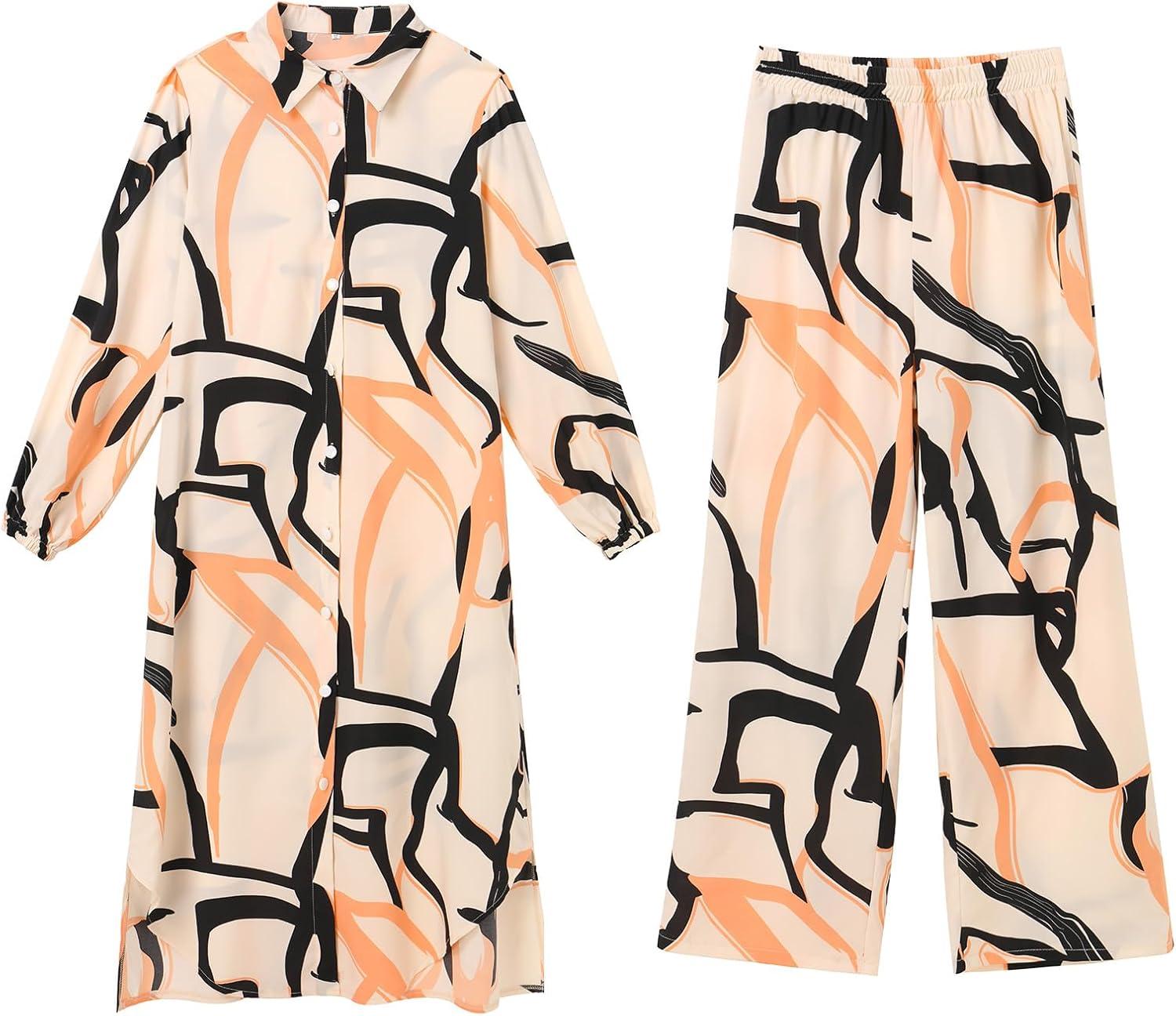 imageIDOPIP Abaya Dress for Women Muslim Set Long Sleeve Ramadan Islamic Dress Shirt with Pants 2PCS Dubai Prayer Casual ClothesApricot  Print