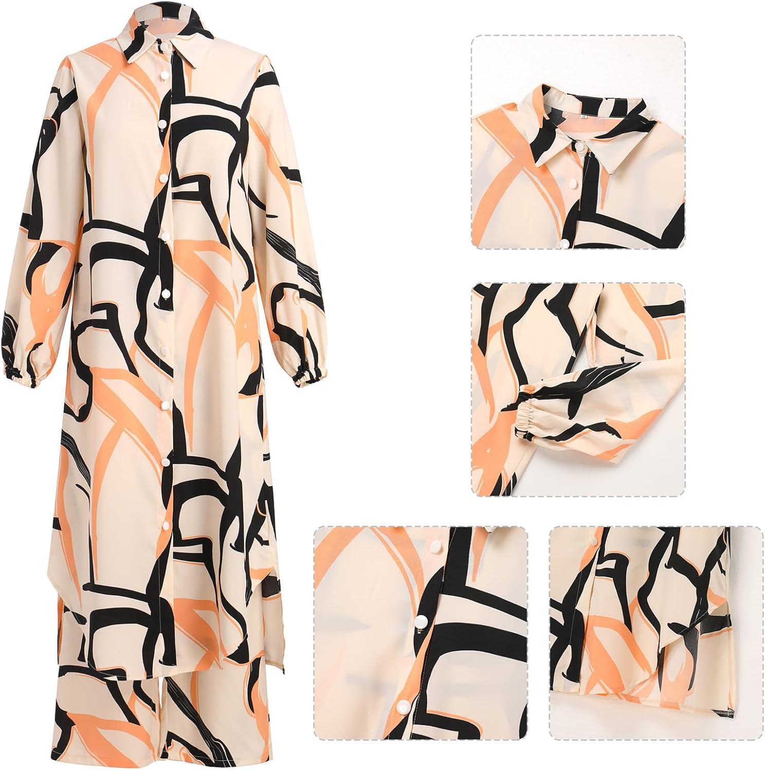 imageIDOPIP Abaya Dress for Women Muslim Set Long Sleeve Ramadan Islamic Dress Shirt with Pants 2PCS Dubai Prayer Casual ClothesApricot  Print