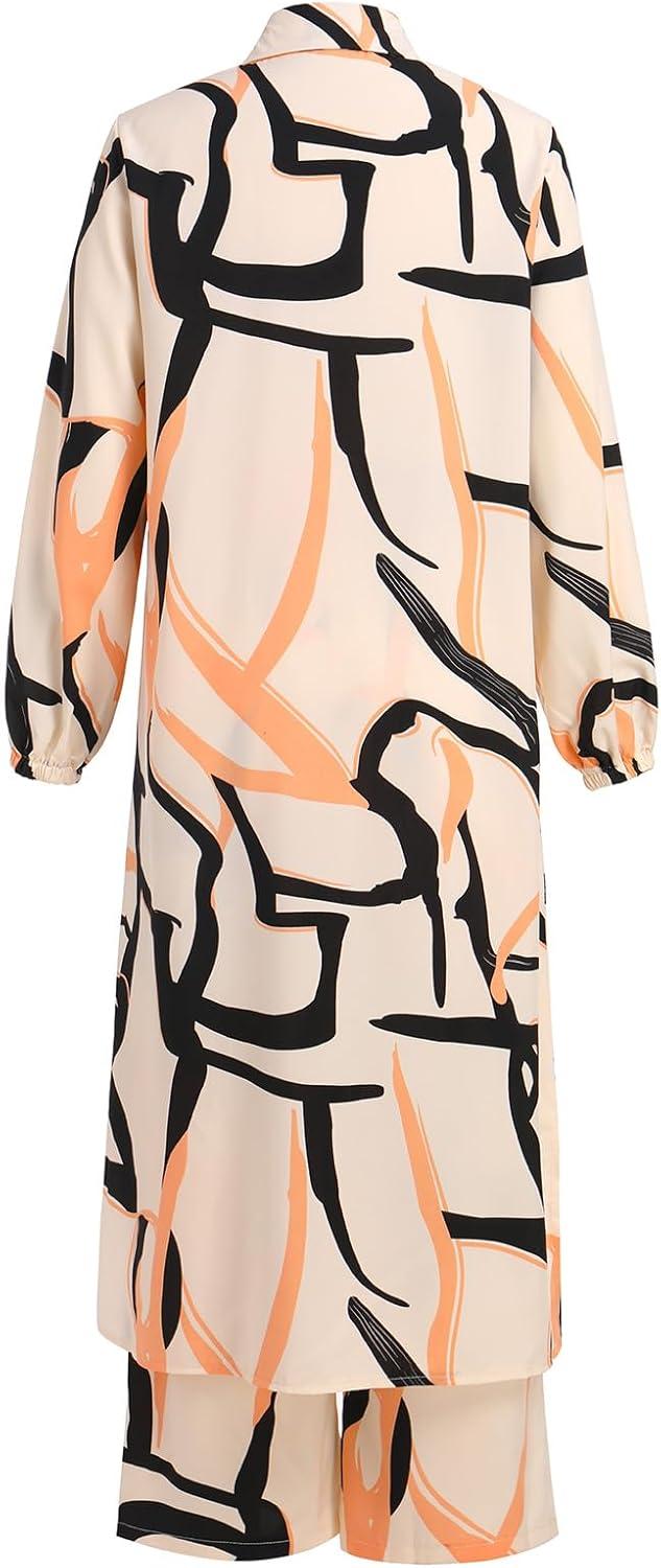 imageIDOPIP Abaya Dress for Women Muslim Set Long Sleeve Ramadan Islamic Dress Shirt with Pants 2PCS Dubai Prayer Casual ClothesApricot  Print