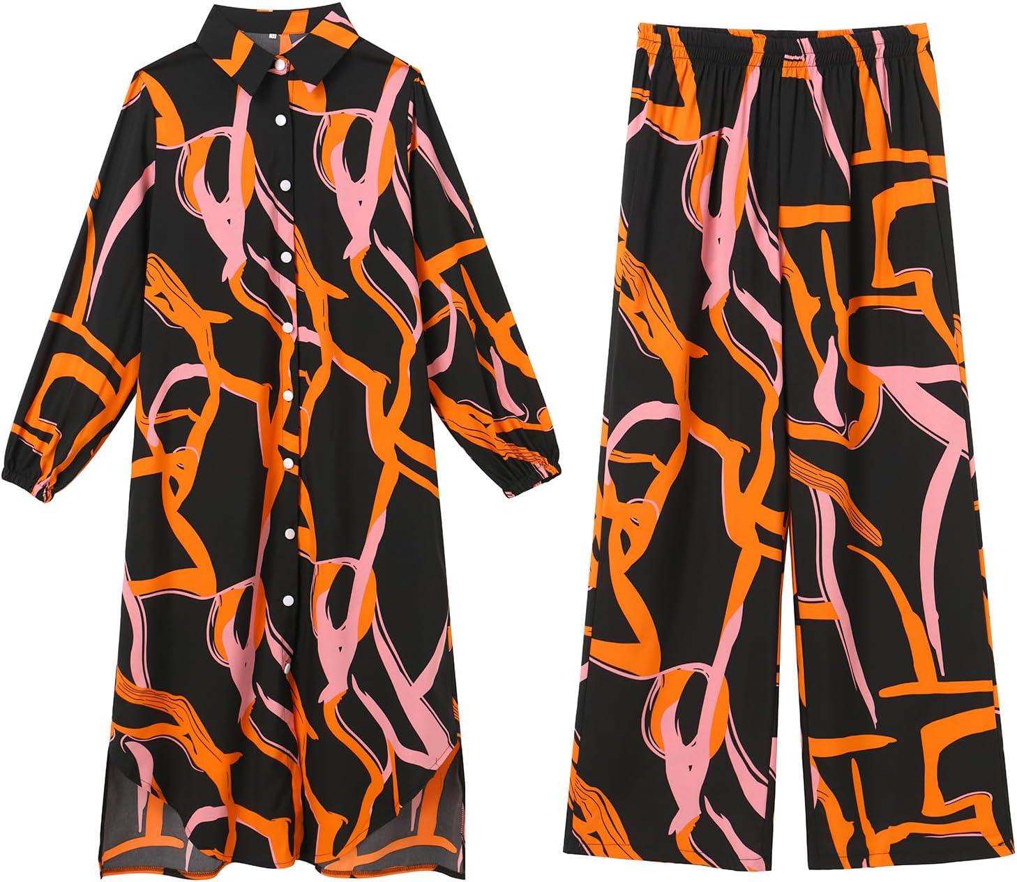 imageIDOPIP Abaya Dress for Women Muslim Set Long Sleeve Ramadan Islamic Dress Shirt with Pants 2PCS Dubai Prayer Casual ClothesBlack  Print