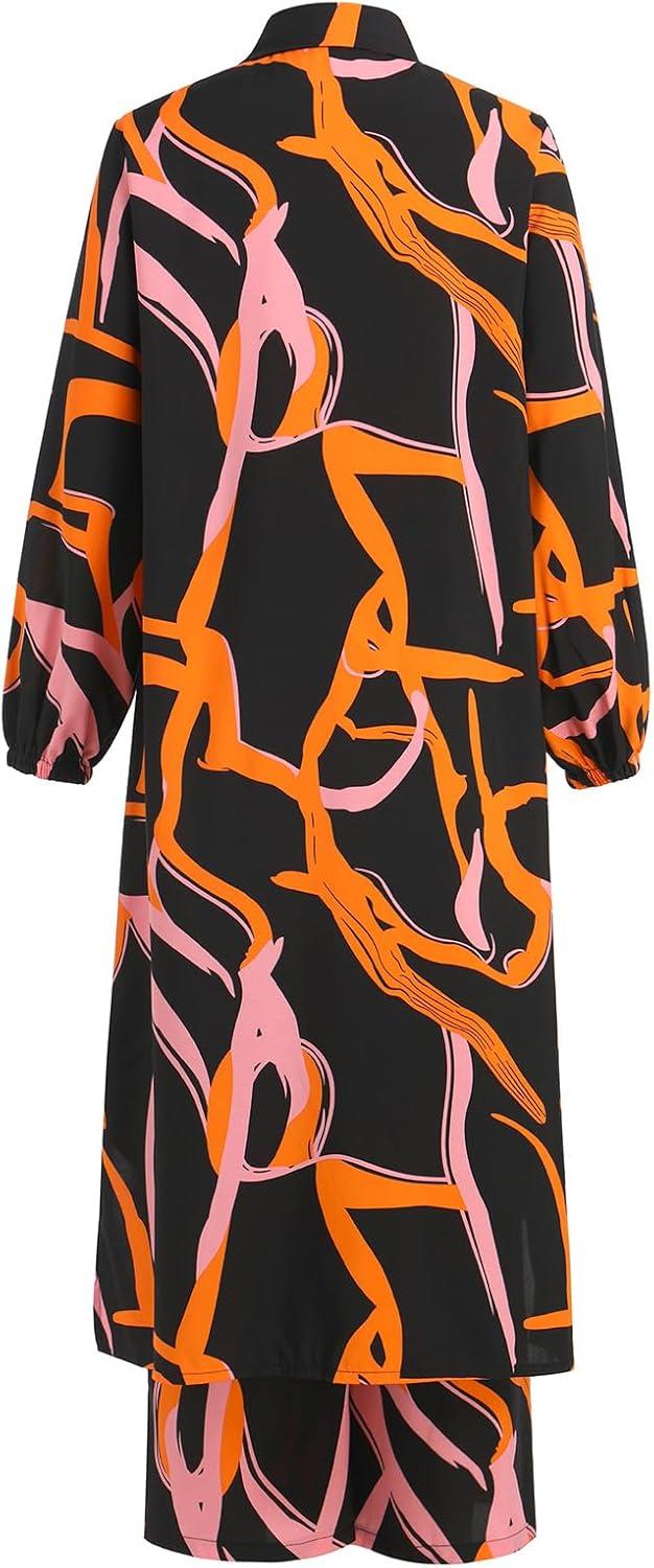 imageIDOPIP Abaya Dress for Women Muslim Set Long Sleeve Ramadan Islamic Dress Shirt with Pants 2PCS Dubai Prayer Casual ClothesBlack  Print