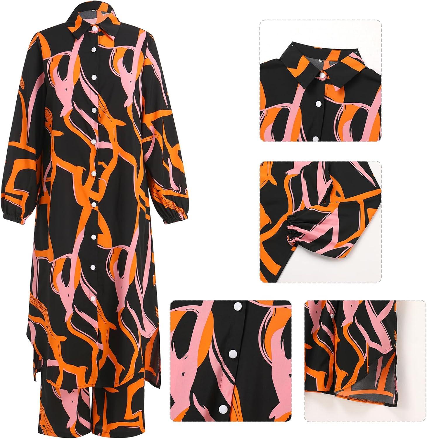 imageIDOPIP Abaya Dress for Women Muslim Set Long Sleeve Ramadan Islamic Dress Shirt with Pants 2PCS Dubai Prayer Casual ClothesBlack  Print