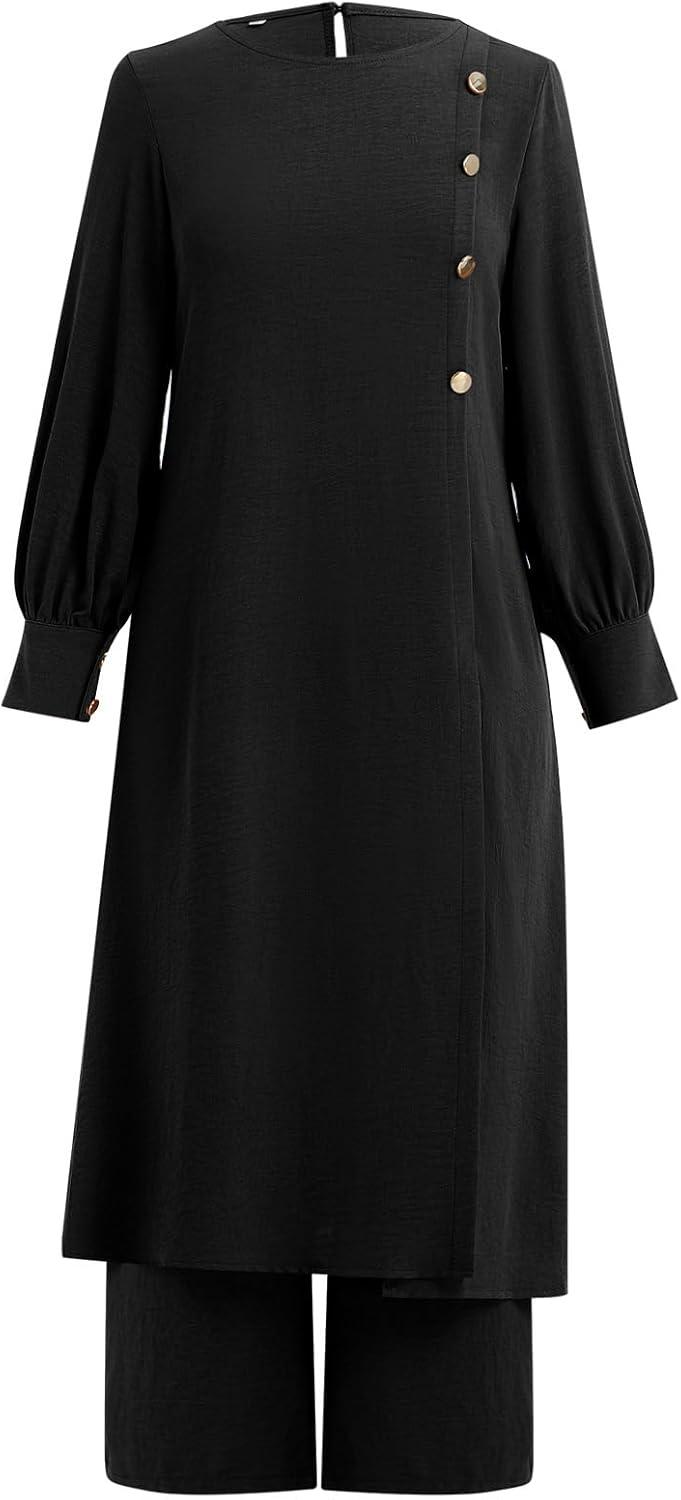 imageIDOPIP Abaya Dress for Women Muslim Set Long Sleeve Ramadan Islamic Dress Shirt with Pants 2PCS Dubai Prayer Casual ClothesBlack  Split