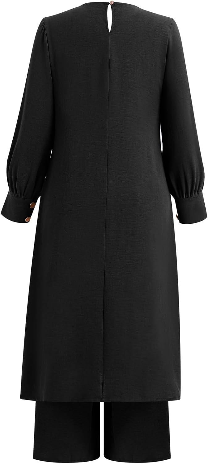 imageIDOPIP Abaya Dress for Women Muslim Set Long Sleeve Ramadan Islamic Dress Shirt with Pants 2PCS Dubai Prayer Casual ClothesBlack  Split