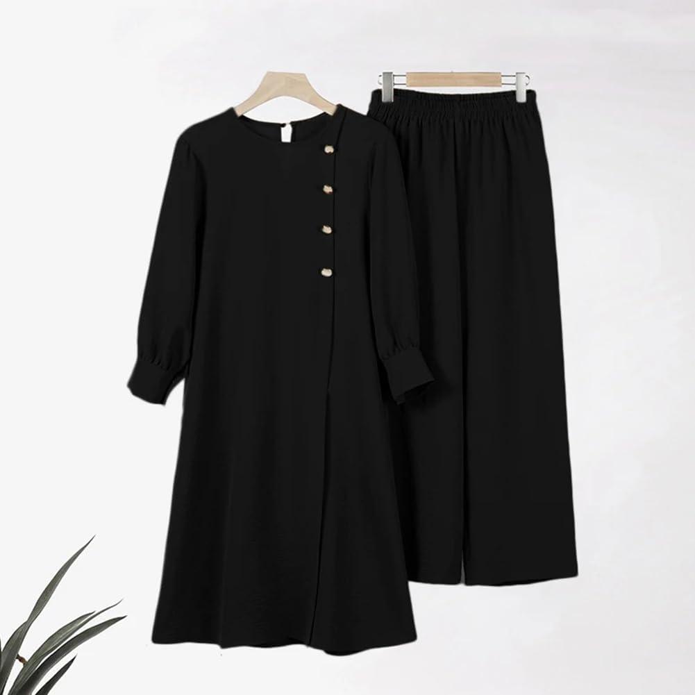 imageIDOPIP Abaya Dress for Women Muslim Set Long Sleeve Ramadan Islamic Dress Shirt with Pants 2PCS Dubai Prayer Casual ClothesBlack  Split