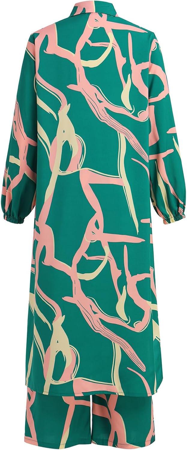 imageIDOPIP Abaya Dress for Women Muslim Set Long Sleeve Ramadan Islamic Dress Shirt with Pants 2PCS Dubai Prayer Casual ClothesGreen  Print