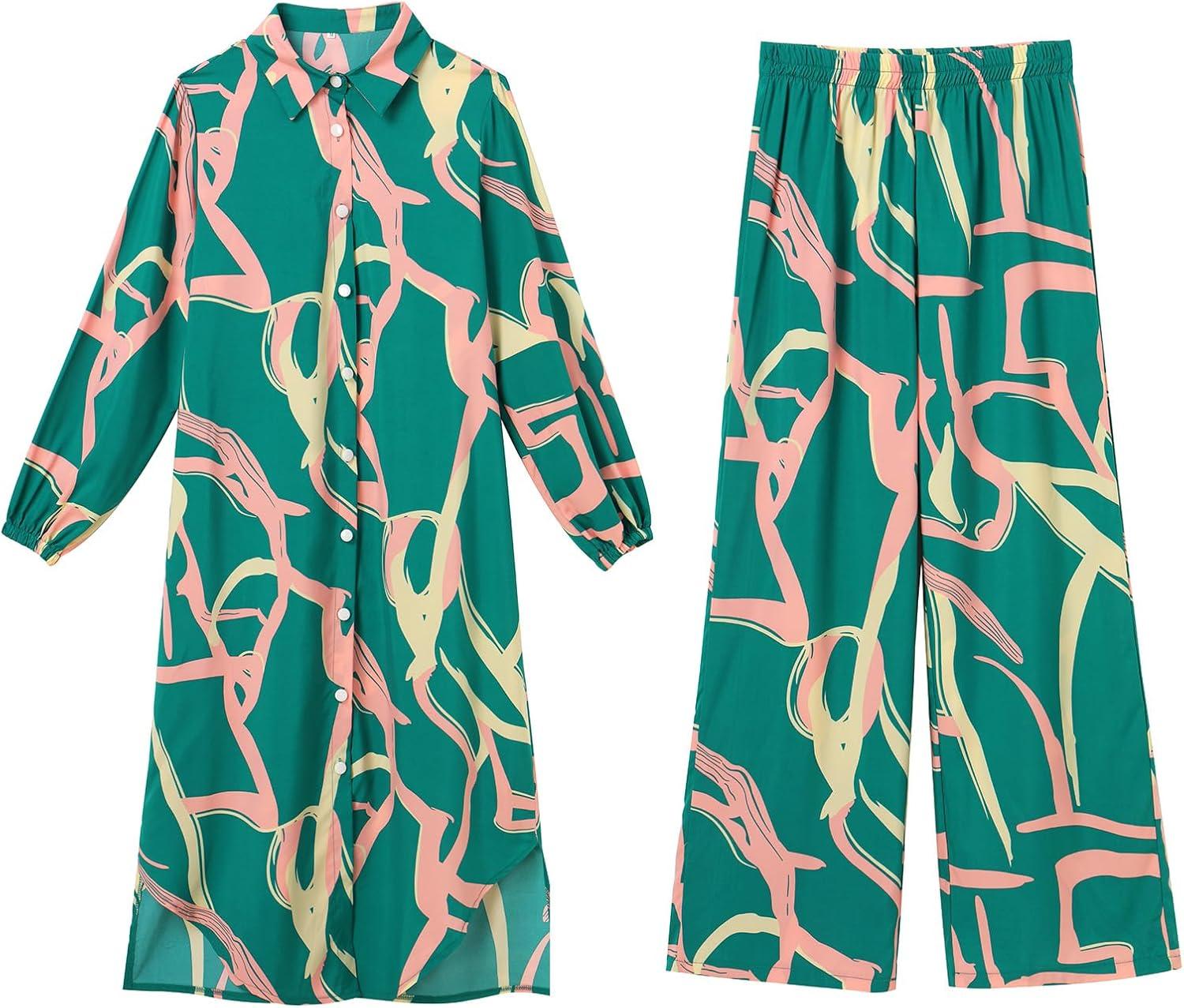 imageIDOPIP Abaya Dress for Women Muslim Set Long Sleeve Ramadan Islamic Dress Shirt with Pants 2PCS Dubai Prayer Casual ClothesGreen  Print