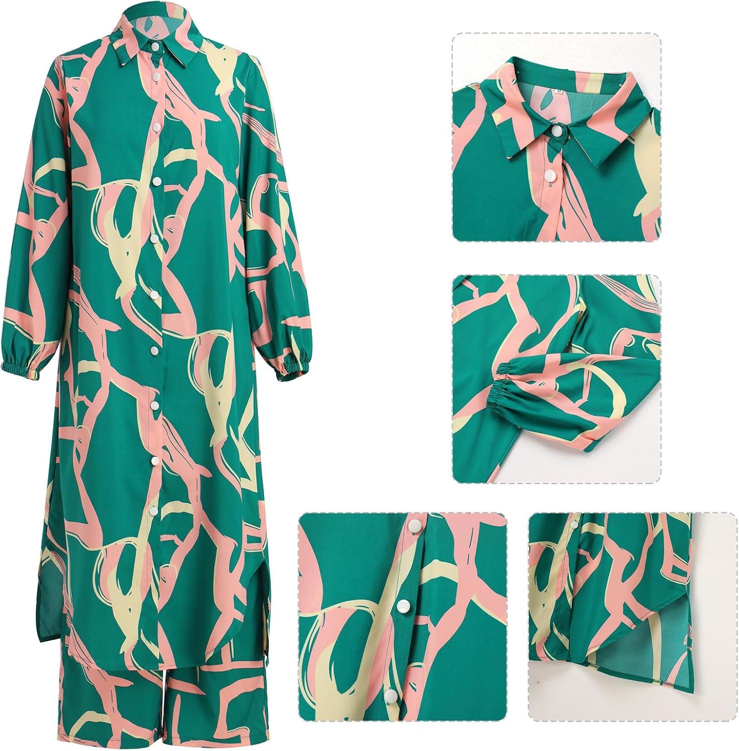 imageIDOPIP Abaya Dress for Women Muslim Set Long Sleeve Ramadan Islamic Dress Shirt with Pants 2PCS Dubai Prayer Casual ClothesGreen  Print