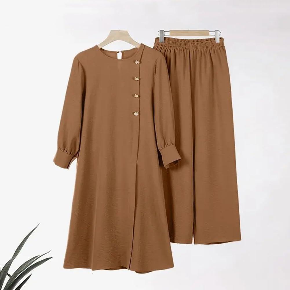 imageIDOPIP Abaya Dress for Women Muslim Set Long Sleeve Ramadan Islamic Dress Shirt with Pants 2PCS Dubai Prayer Casual ClothesKhaki  Split