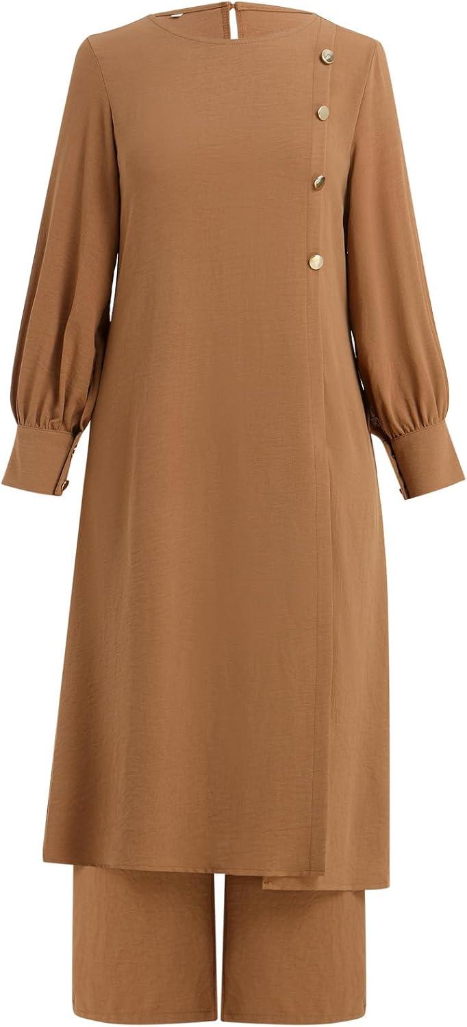 imageIDOPIP Abaya Dress for Women Muslim Set Long Sleeve Ramadan Islamic Dress Shirt with Pants 2PCS Dubai Prayer Casual ClothesKhaki  Split