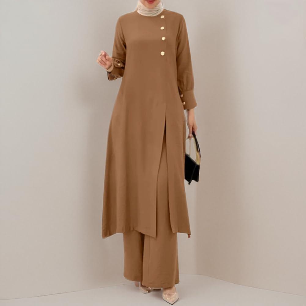 imageIDOPIP Abaya Dress for Women Muslim Set Long Sleeve Ramadan Islamic Dress Shirt with Pants 2PCS Dubai Prayer Casual ClothesKhaki  Split