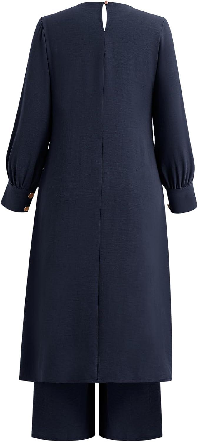 imageIDOPIP Abaya Dress for Women Muslim Set Long Sleeve Ramadan Islamic Dress Shirt with Pants 2PCS Dubai Prayer Casual ClothesNavy Blue  Split