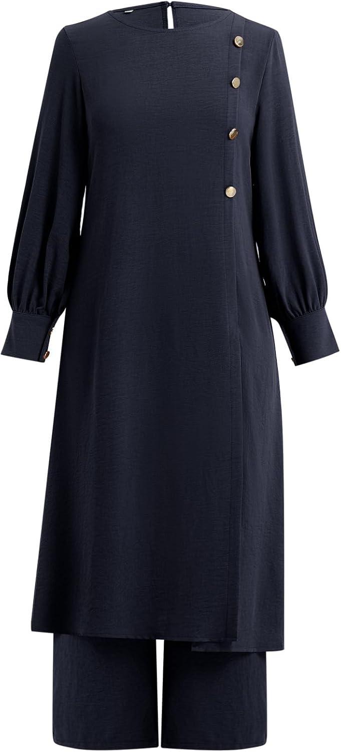 imageIDOPIP Abaya Dress for Women Muslim Set Long Sleeve Ramadan Islamic Dress Shirt with Pants 2PCS Dubai Prayer Casual ClothesNavy Blue  Split