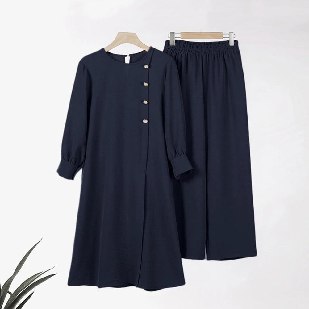 imageIDOPIP Abaya Dress for Women Muslim Set Long Sleeve Ramadan Islamic Dress Shirt with Pants 2PCS Dubai Prayer Casual ClothesNavy Blue  Split