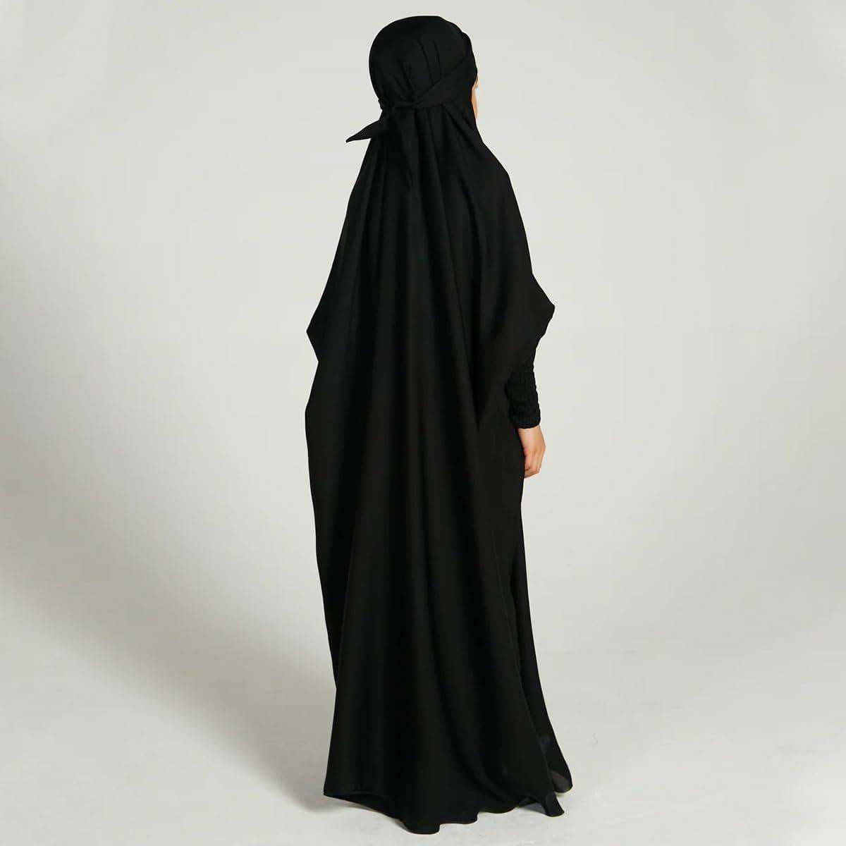 imageIDOPIP Muslim Dress for Girls One Piece Long Sleeve Islamic Prayer Dress with Hijab Casual Maxi Kaftan Abaya Gown ClothesBlack