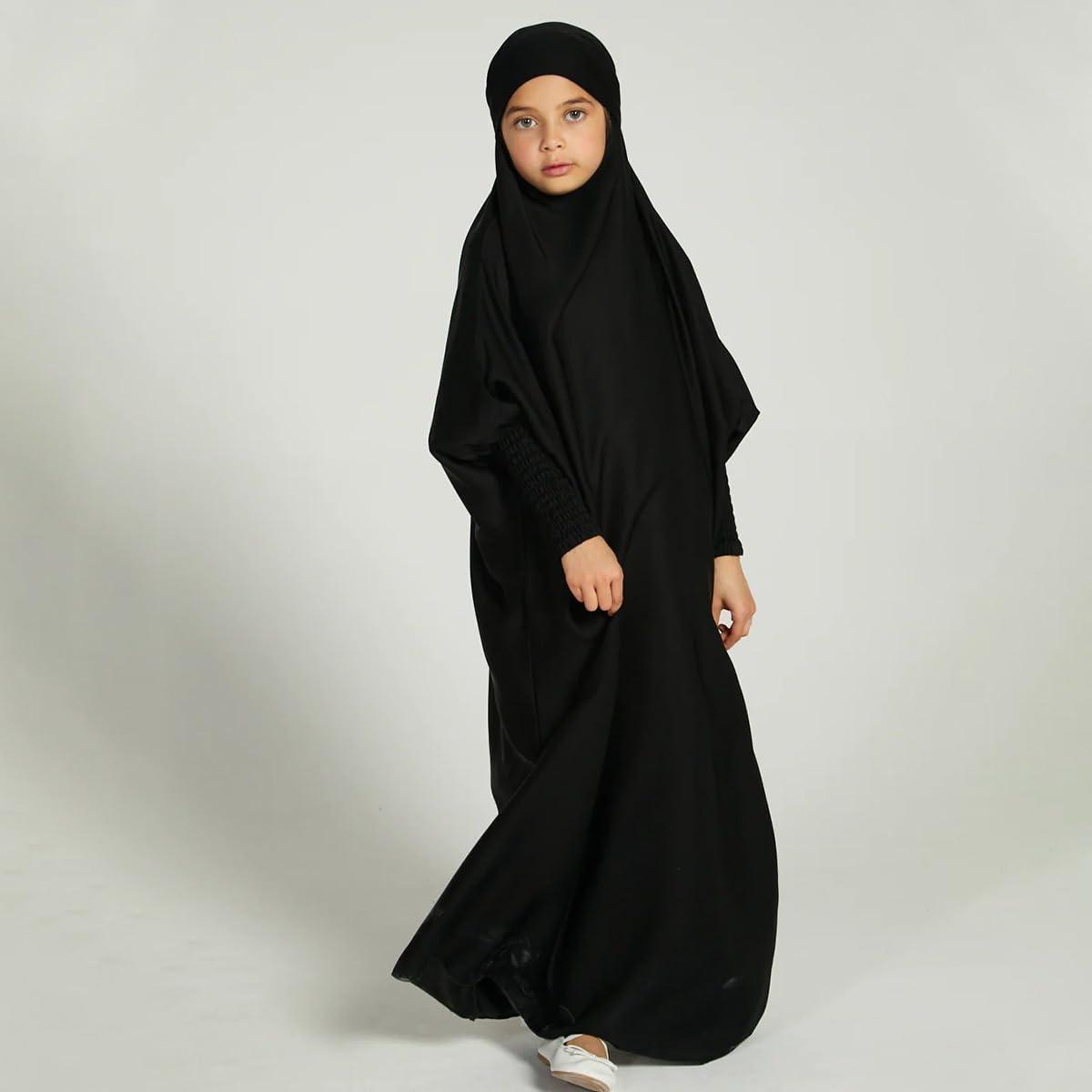 imageIDOPIP Muslim Dress for Girls One Piece Long Sleeve Islamic Prayer Dress with Hijab Casual Maxi Kaftan Abaya Gown ClothesBlack