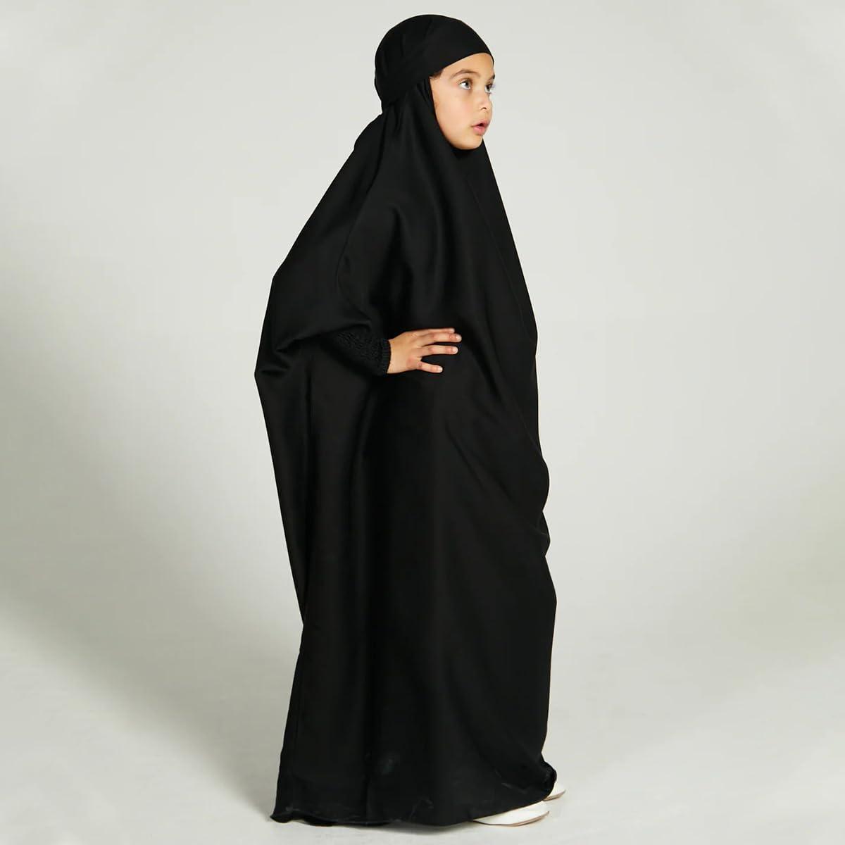 imageIDOPIP Muslim Dress for Girls One Piece Long Sleeve Islamic Prayer Dress with Hijab Casual Maxi Kaftan Abaya Gown ClothesBlack