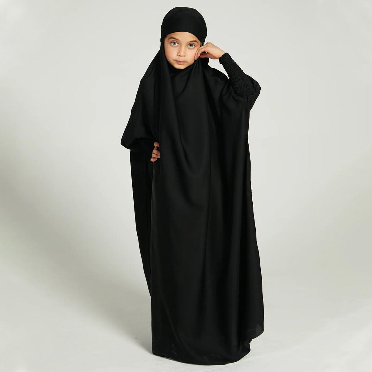 imageIDOPIP Muslim Dress for Girls One Piece Long Sleeve Islamic Prayer Dress with Hijab Casual Maxi Kaftan Abaya Gown ClothesBlack