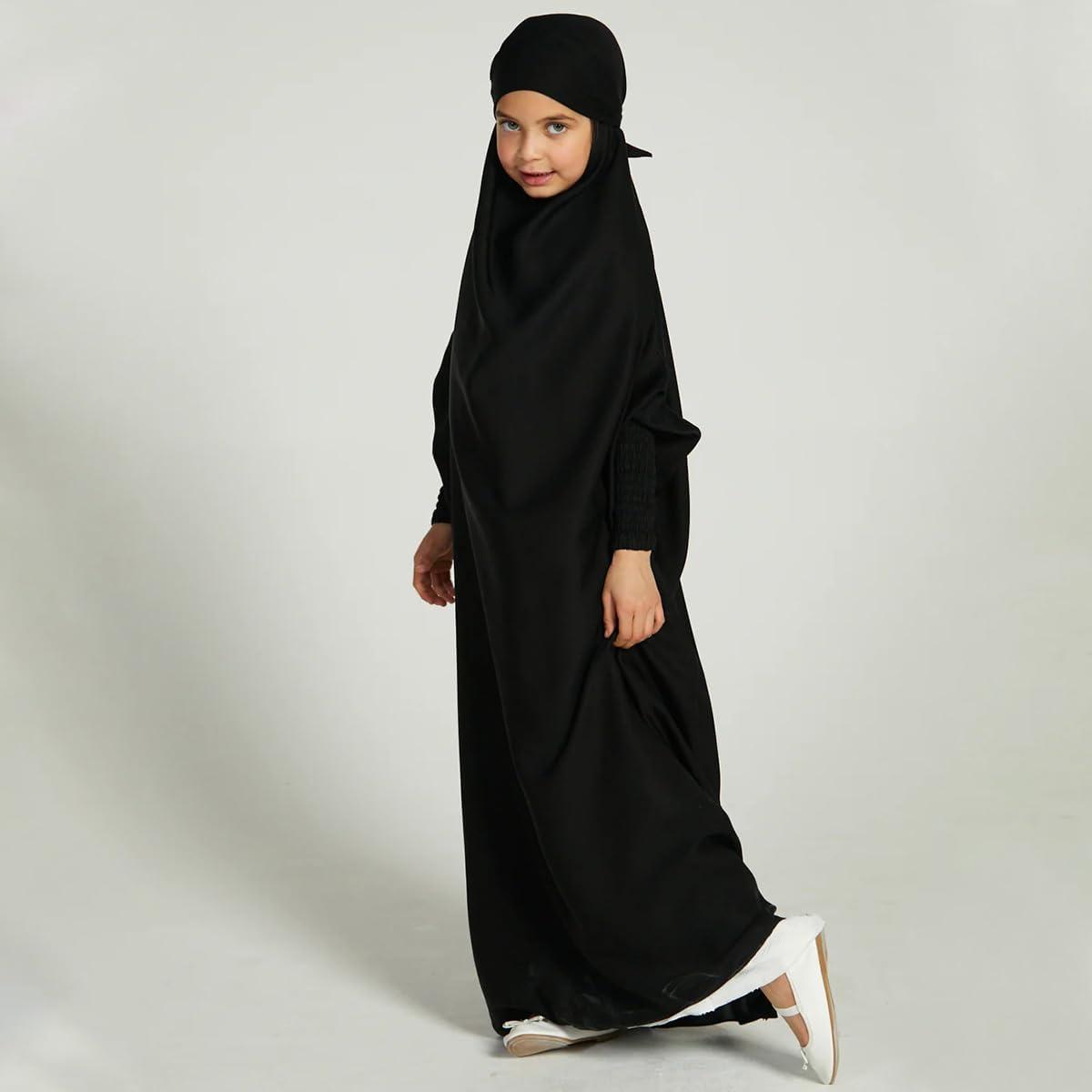 imageIDOPIP Muslim Dress for Girls One Piece Long Sleeve Islamic Prayer Dress with Hijab Casual Maxi Kaftan Abaya Gown ClothesBlack
