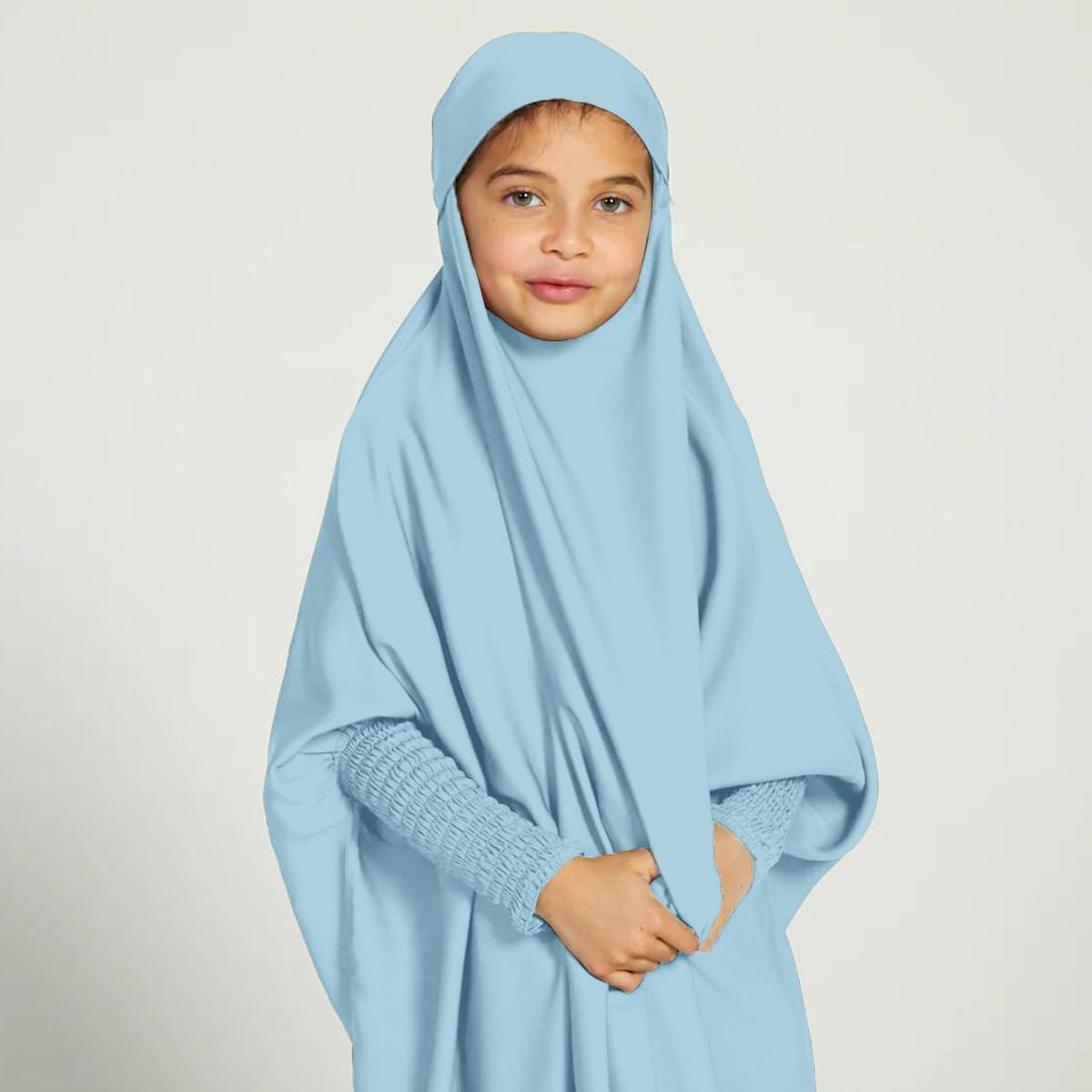 imageIDOPIP Muslim Dress for Girls One Piece Long Sleeve Islamic Prayer Dress with Hijab Casual Maxi Kaftan Abaya Gown ClothesBlue