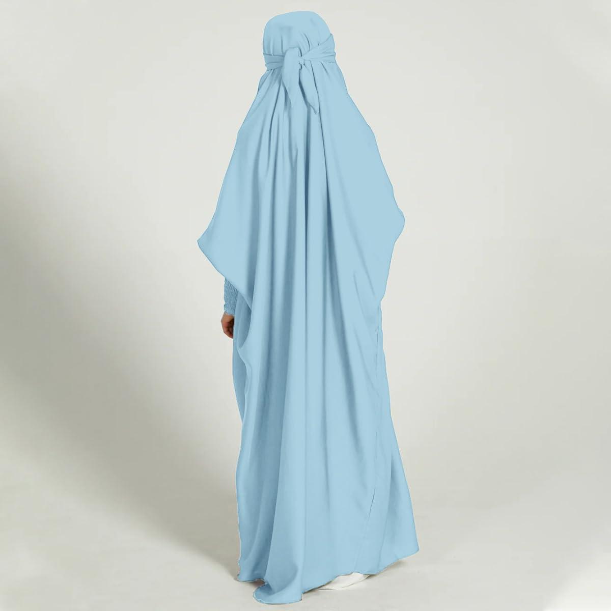 imageIDOPIP Muslim Dress for Girls One Piece Long Sleeve Islamic Prayer Dress with Hijab Casual Maxi Kaftan Abaya Gown ClothesBlue