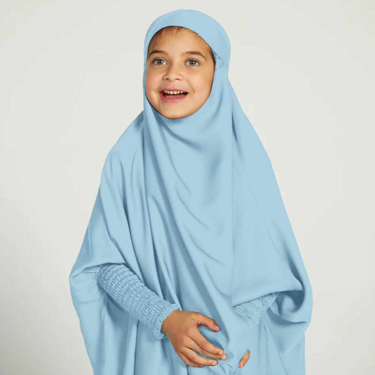 imageIDOPIP Muslim Dress for Girls One Piece Long Sleeve Islamic Prayer Dress with Hijab Casual Maxi Kaftan Abaya Gown ClothesBlue