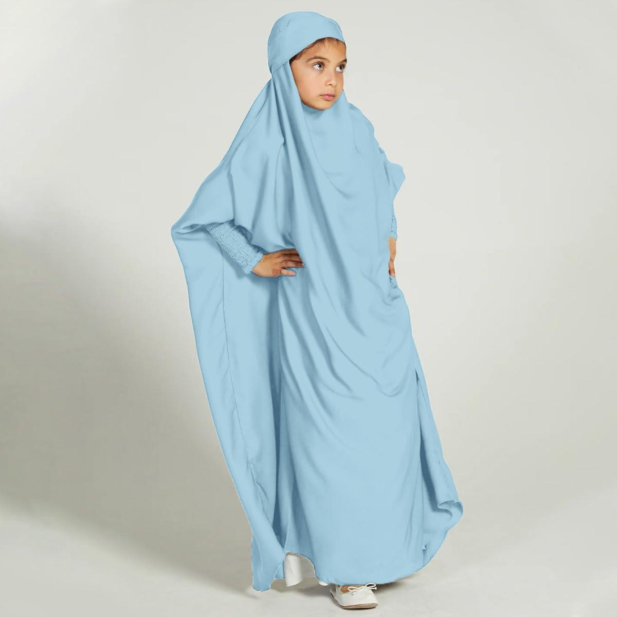 imageIDOPIP Muslim Dress for Girls One Piece Long Sleeve Islamic Prayer Dress with Hijab Casual Maxi Kaftan Abaya Gown ClothesBlue