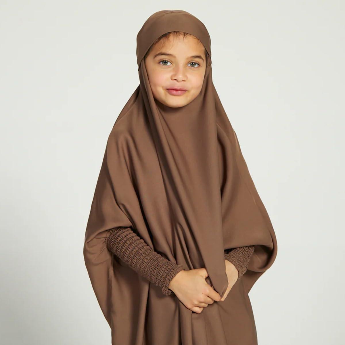 imageIDOPIP Muslim Dress for Girls One Piece Long Sleeve Islamic Prayer Dress with Hijab Casual Maxi Kaftan Abaya Gown ClothesCoffee