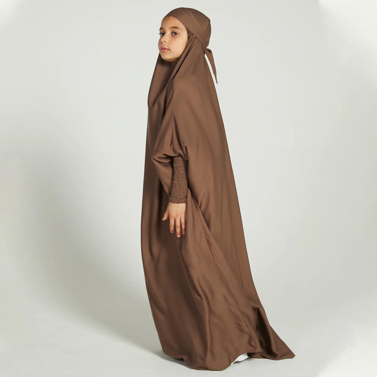imageIDOPIP Muslim Dress for Girls One Piece Long Sleeve Islamic Prayer Dress with Hijab Casual Maxi Kaftan Abaya Gown ClothesCoffee