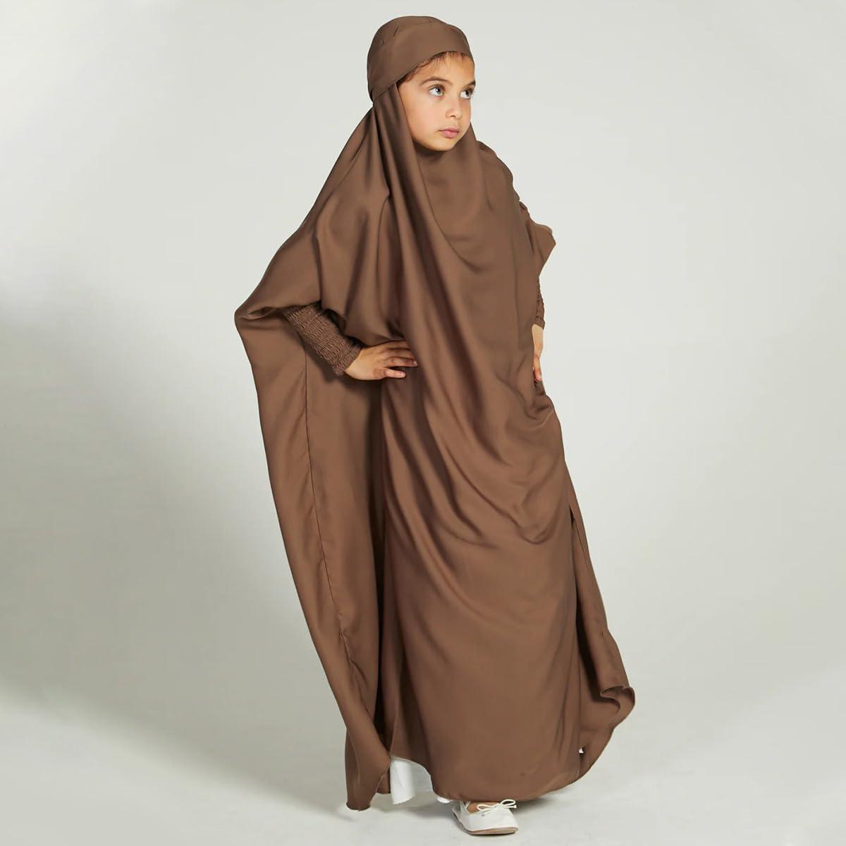 imageIDOPIP Muslim Dress for Girls One Piece Long Sleeve Islamic Prayer Dress with Hijab Casual Maxi Kaftan Abaya Gown ClothesCoffee