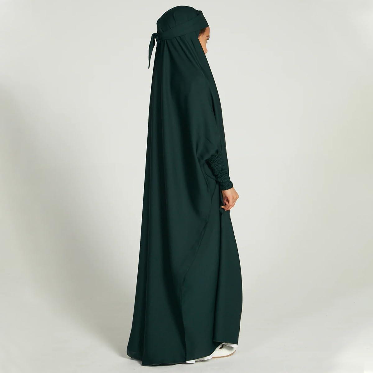 imageIDOPIP Muslim Dress for Girls One Piece Long Sleeve Islamic Prayer Dress with Hijab Casual Maxi Kaftan Abaya Gown ClothesGreen