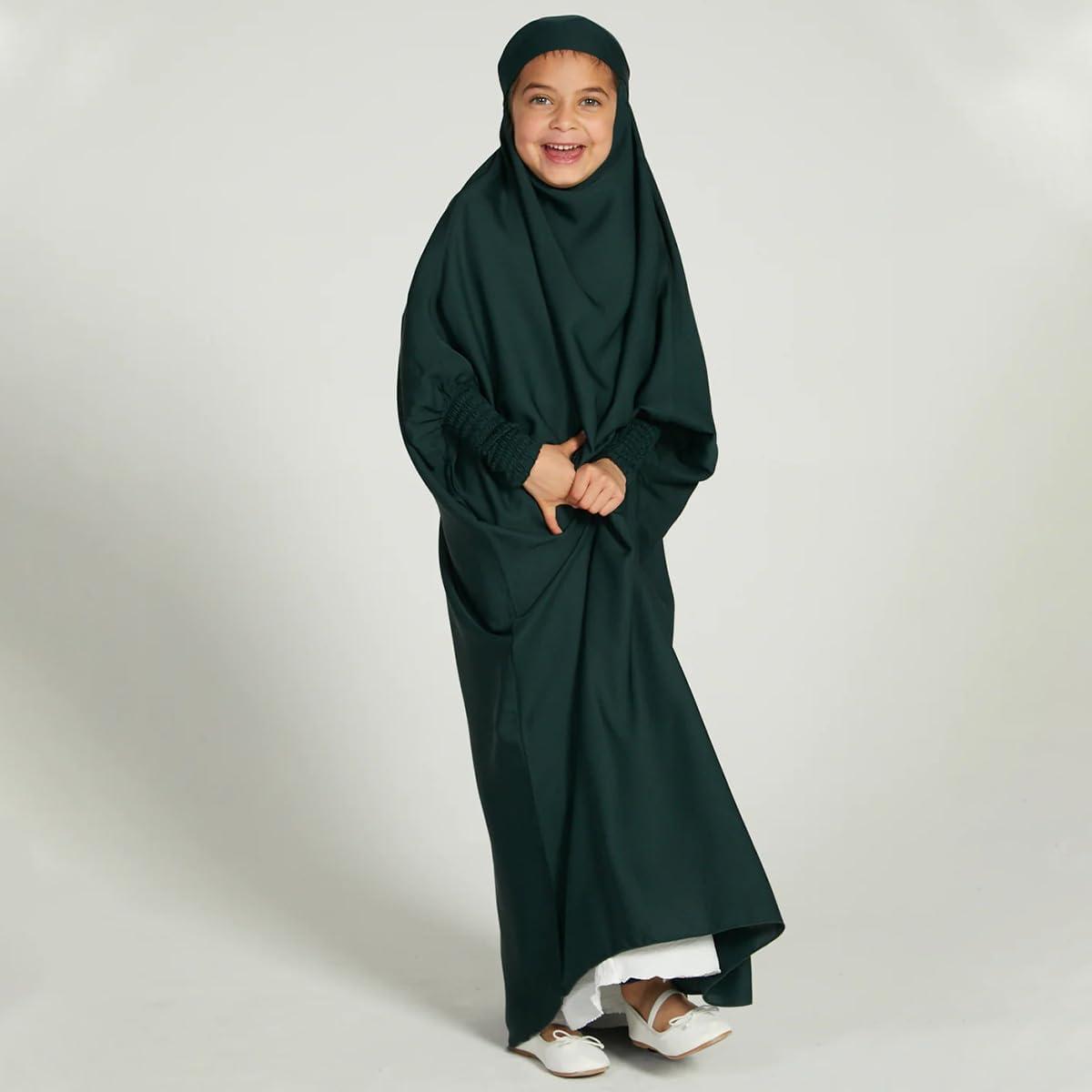 imageIDOPIP Muslim Dress for Girls One Piece Long Sleeve Islamic Prayer Dress with Hijab Casual Maxi Kaftan Abaya Gown ClothesGreen