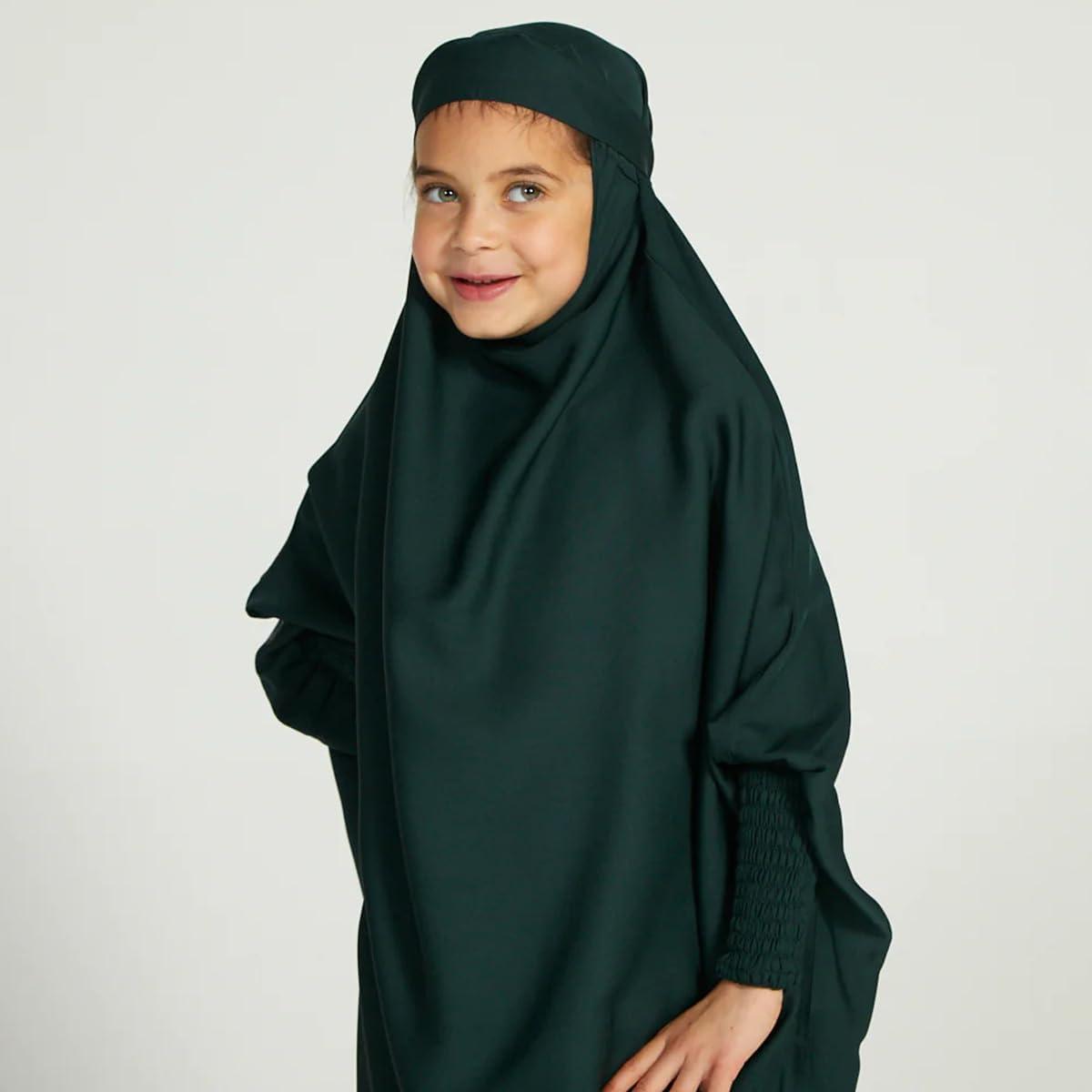 imageIDOPIP Muslim Dress for Girls One Piece Long Sleeve Islamic Prayer Dress with Hijab Casual Maxi Kaftan Abaya Gown ClothesGreen